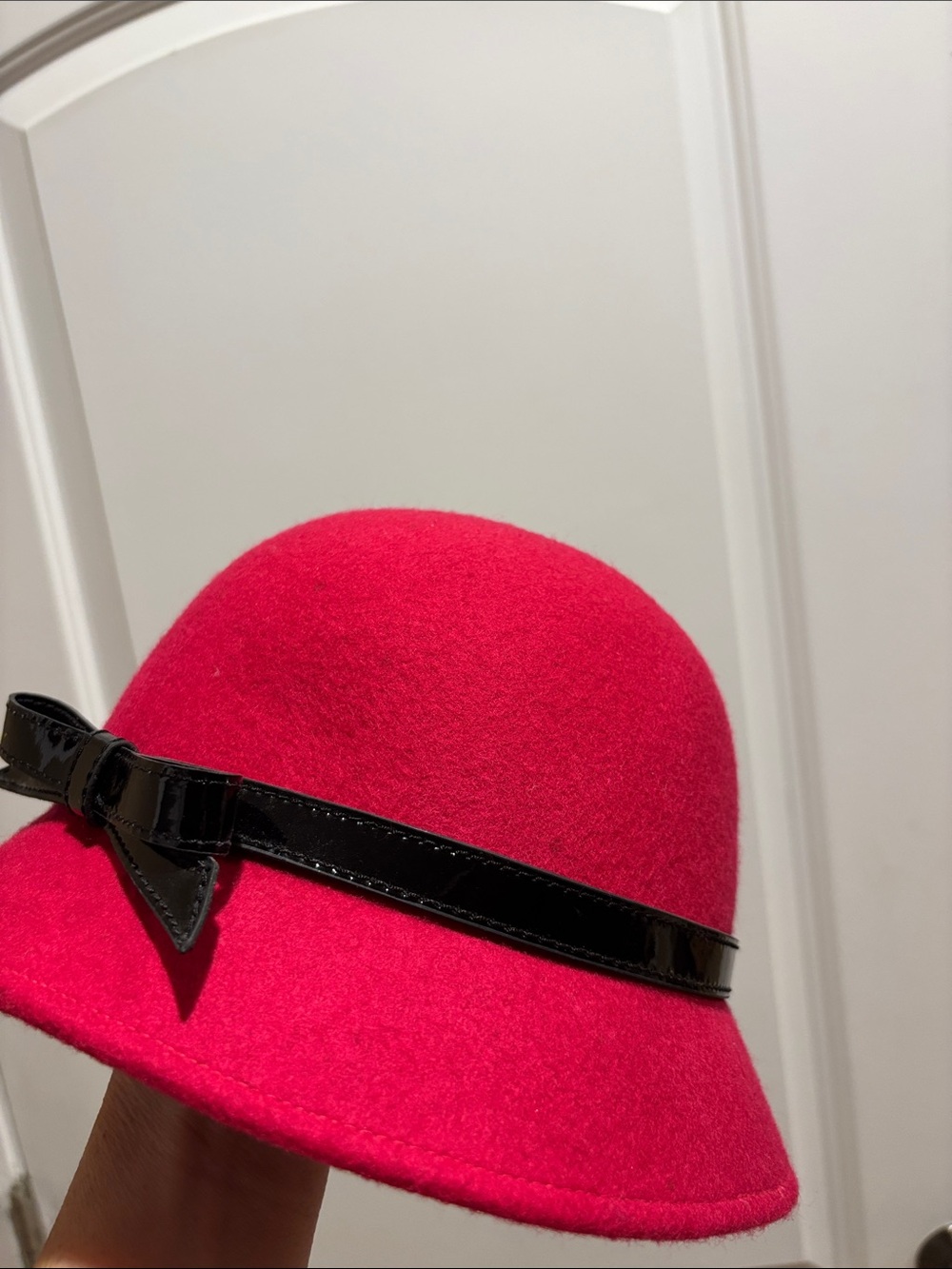 Kate Spade Women's Pink Felt Cloche Hat with Black Patent Bow
